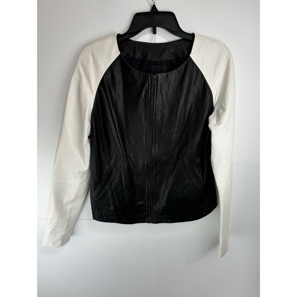 Trouvé $298 100% Leather Black And White Lined Zippered Jacket Size: Medium - Picture 1 of 6